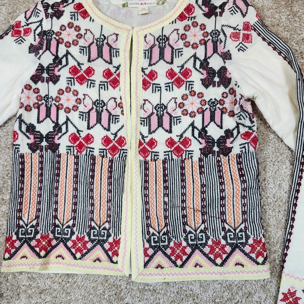 Chelsea & Violet Jacket Embroidered Boho Floral Ivory Pink Red‎ Size XS - Picture 4 of 12